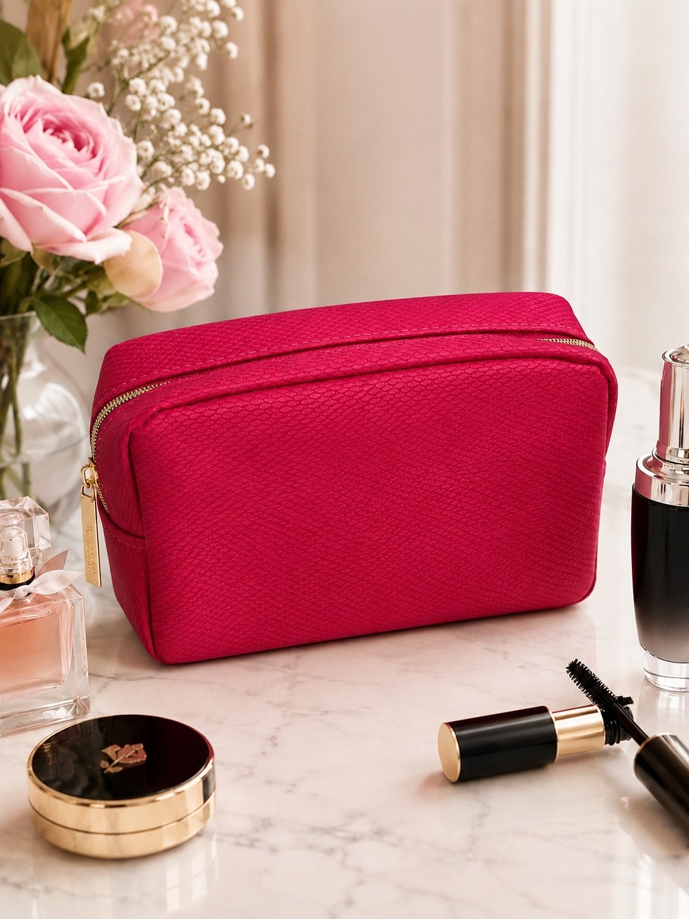Lancome Hot Pink Textured Makeup Pouch with Gold Zip